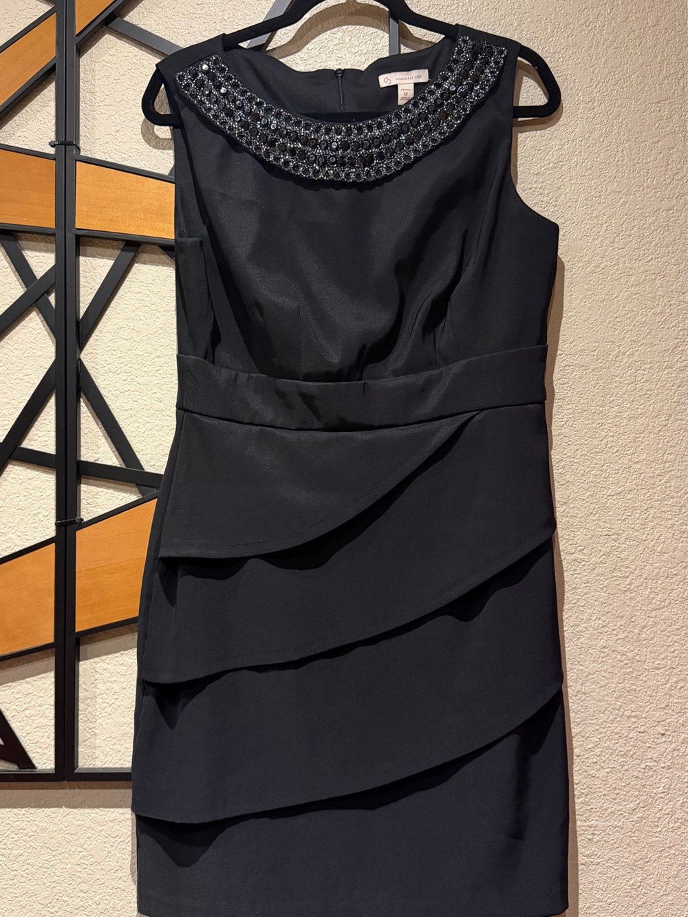 Sleeveless Black Tiered Cocktail Dress with Beaded Collar